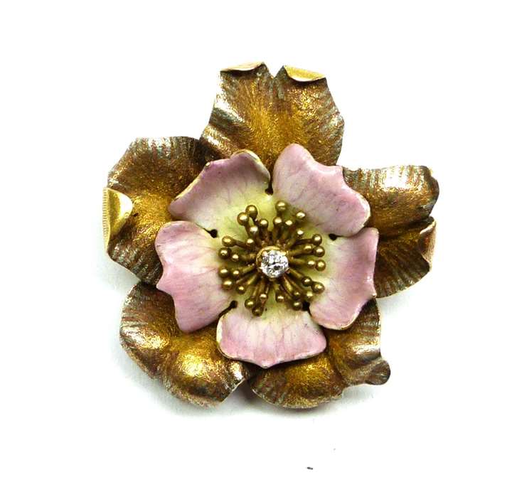 Antique diamond, enamel and gold dog rose flower brooch